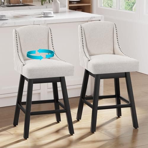 Raynesys Counter Height Bar Stools Set of 2, Upholstered Swivel Bar Stools with Soft Padding Cushion & Solid Wood Legs, Mid-Century Barstools with Back for Kitchen Island, 26" Height, Beige