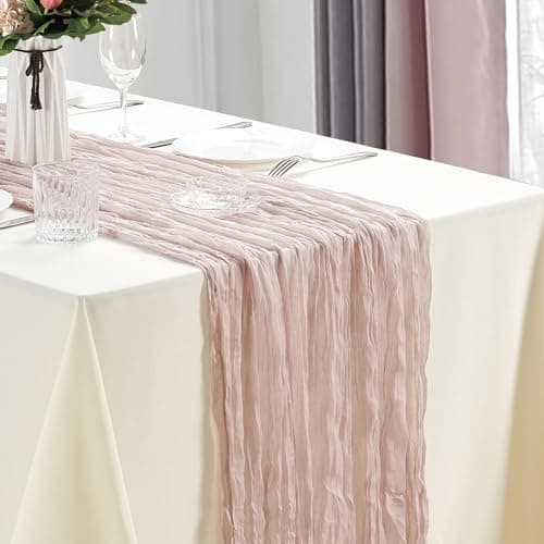 Dololoo Cheesecloth Table Runner 35 x 118 Inches Gauze Table Runner 10Ft Boho Rustic Decorations for Wedding Decor Reception Bridal Shower Holiday Party, Dusty Pink