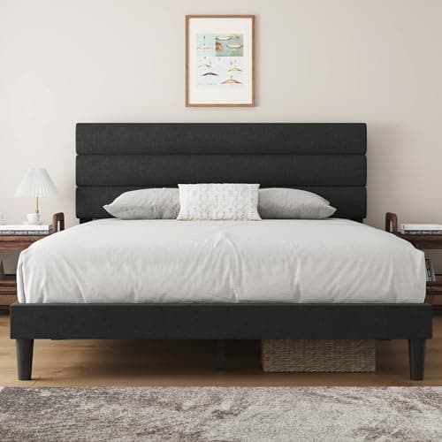 Fluest Queen Bed Frame Upholstered Queen Bed Frame Platform with Headboard Linen Fabric Headboard Wooden Slats Support, No Box Spring Needed, Easy Assembly, Mattress Foundation,Grey