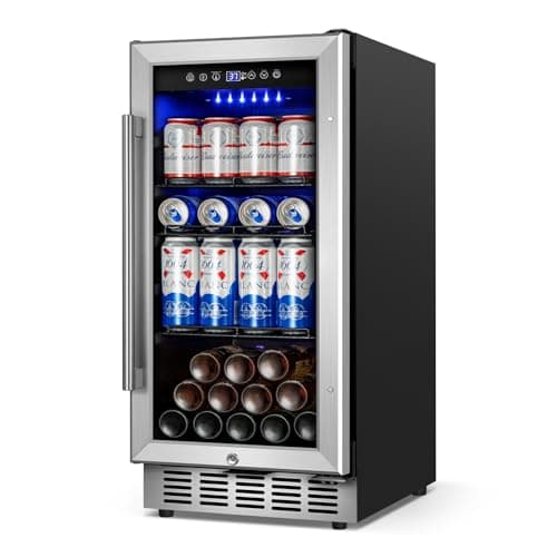 Beverage Refrigerator 15 Inch Wide, Upgrade Beverage Cooler With Glass Door,90 Can Beverage Fridge Capacity, Built-In Or Freestanding, Temperature Memory, Reversible Door, Perfect For Soda, Beer
