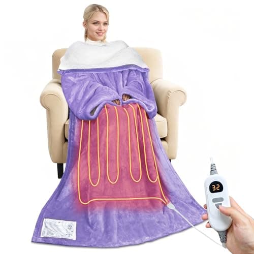 Tirrinia Wearable Heated Blanket with Sleeves, Cozy Sherpa & Fleece Electric Throw with 5 Heat Levels & Timer, Warm Snuggle Blanket for Sofa, Bed, Office, Winter Gift, Purple