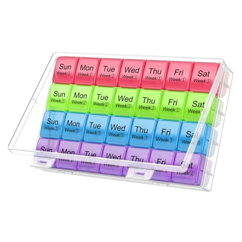 Large Monthly Pill Organizer 28 Day Case Organizerd Extra Large Compartments 4 Week Dust-Proof Pill Case Medication Reminder Portable Travel Container (Red-Green-Blue-Purple)
