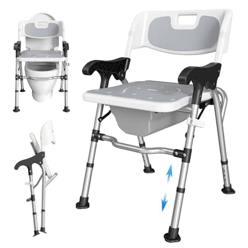3-in-1 Shower Chair for Seniors, Foldable Bedside Commode, Height Adjustable Raised Toilet Seat with Removable Bucket, Padded Arms & Back Support for Elderly, Adults, 400 lbs Capacity (White)