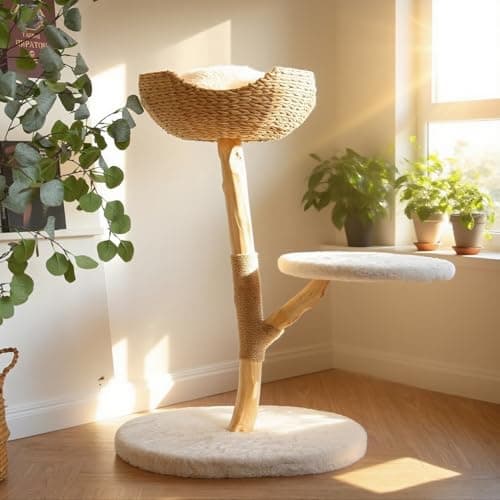 CAMTTIR Modern Cat Tree, Natural Pear Wooden Cat Tower for Indoor Cats, Real Branch Luxury Cat Condo with Scratching Post & Hanging Toy Ball(35" Tall)