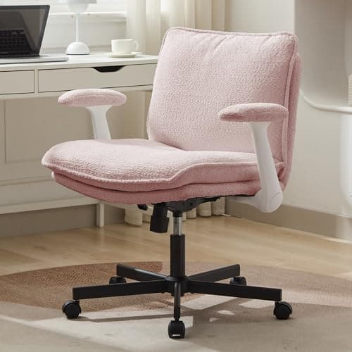 Kassipo Criss Cross Legged Office Chair with Wheels and Flip-Up Arms, Upholstered Criss Cross Desk Chair, Wide Seat Chairs for Home Office, Vanity, Apartment, Pink