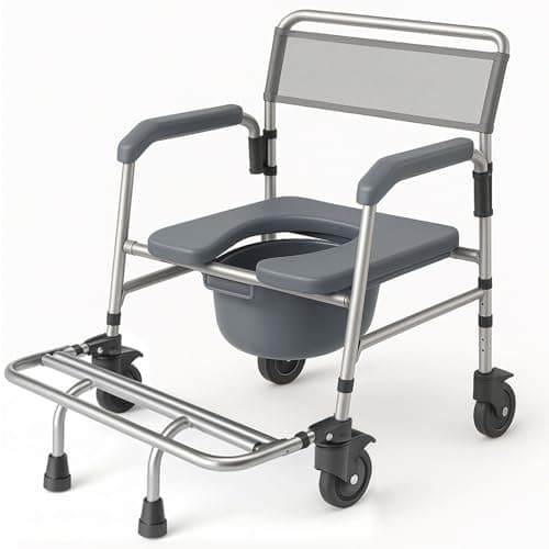 Vive Commode Shower Chair with Wheels - 3-in-1 Bathroom & Bedside Wheelchair for Seniors, Adults, Elderly, Disabled, Handicap - Rolling Toilet Transfer Seat w/Arms, Footrest, & Removable Bucket