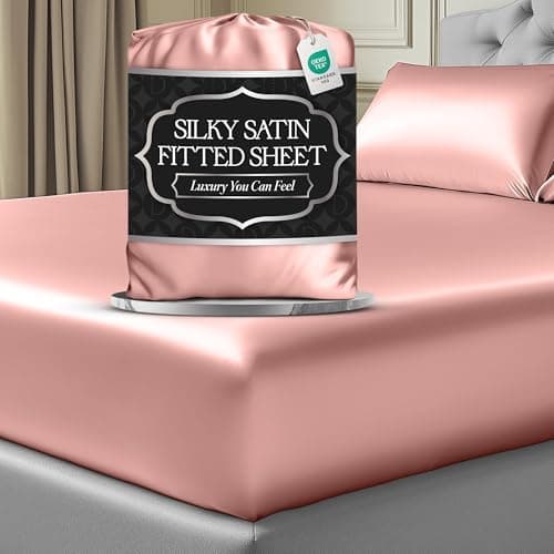 DECOLURE Satin Fitted Sheet Queen Size (1 PC) – Luxuriously Smooth & Softer than Silk Bed Sheets w/ 15 Inch Deep Pocket Hypoallergenic Wrinkle Free, Secure Snug Fit, Elastic Corner Straps (Blush Pink)