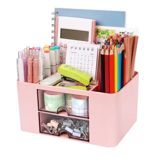 Meiikun Plastic Pen Organizer, Multifunctional Desk Organizer with 2 Drawers, 4 Compartments & a Top Tray, Pencil Holder Desktop Organizers and Accessories for Office, 7.7" x 5.5" x 3.9" (Pink)