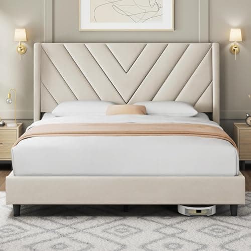 Yaheetech Queen Bed Frame Upholstered Platform Bed with Wing Side/Wooden Slat Support/Tufted Headboard with Wing Side/Mattress Foundation/No Box Spring Needed,Beige Queen Bed