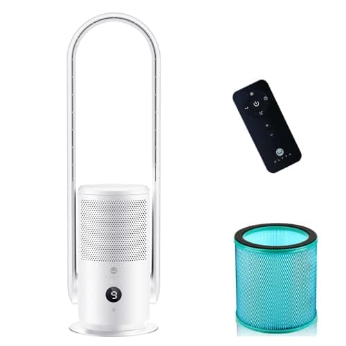 U ULTTY Bladeless Tower Fan and Air Purifier in one, True HEPA Filter 99.97% Smoke Dust Pollen Dander, Oscillating Tower Fan with Remote Control CR022D, White