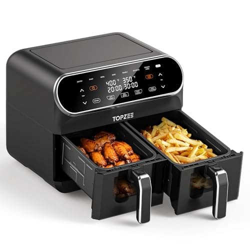Topzee 8QT Dual Basket Air Fryer – Large Air Fryer with Independent Controls, 8 Preset Modes, Sync & Finish Together, Easy View Windows, Black