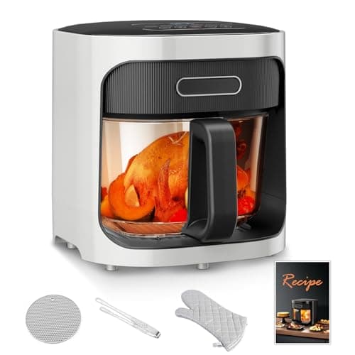 Glass Air Fryer, 4.5QT Glass Air Fryer Non Toxic, Large Capacity, Fast Air Heating, Roast, Temperature and Time Control, Dishwasher Safe, Air Fryer Glass, Glass Air Fryer Home Use (White)