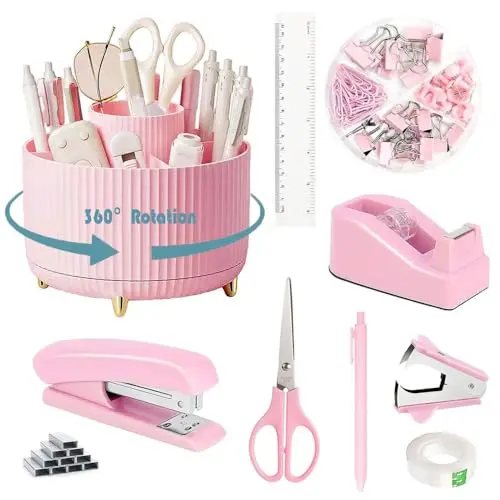 Gawsey Desk Organizers and Accessories Set with 360-Degree Rotating Pen Holder, Tape Dispenser, Stapler, Staple Remover, 1000 Staples, Tape, Clips Set, Ruler, Scissor, Pen