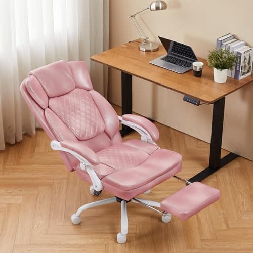 StudioBay Office Chair with Footrest, Executive PU Leather Chairs with Foot Rest, Reclining Desk Chair with Leg Rest, Coil Spring Thick Cushion, Big and Tall Chairs 400 lbs Capacity | Pink