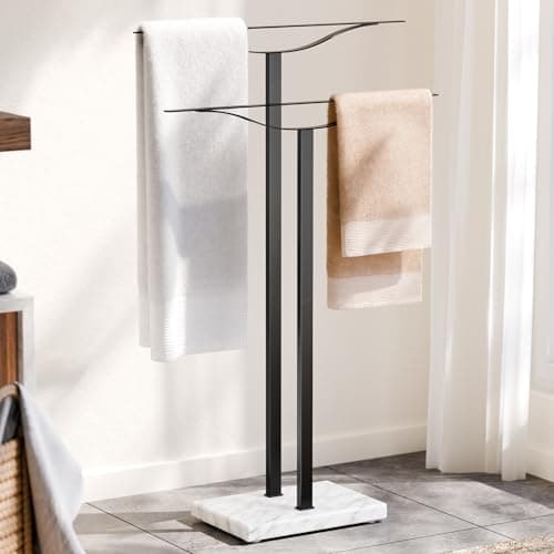 Bathroom Towel Rack Freestanding Floor Stand: Black 33in 2‑Bar Weighted Marble Base Towel Holder, Rustproof 304 Stainless Steel Drying Rack for Bath&Hand Towels, No‑Drill Slim Organizer, Spa Pool