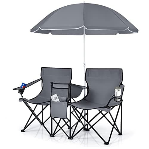 COSTWAY Double Portable Picnic Chairs, Folding Camping Chairs w/Detachable Umbrella, Cooler Bag, Cup Holders, Patio Beach Camping Chairs for Outdoors
