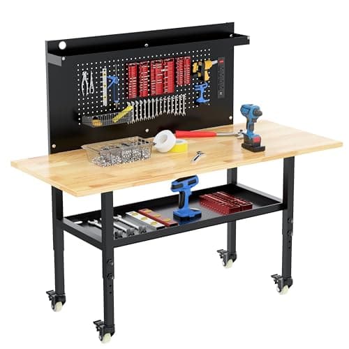 60" Heavy Duty Adjustable Workbench with Large Pegboard& Partition, Adjustable Work Table with Power Outlets & Lockable Wheels, Rubber Wood Workstation for Garage, Workshop, Office, Home, Commercial