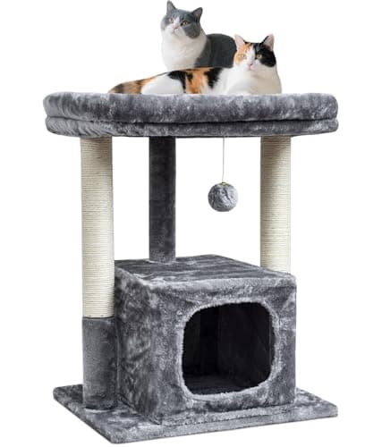SYANDLVY 27IN Cat Tree for Indoor Cats Large Adult, Modern Activity Tower with Scratching Posts, Condo with Plush Perch, Climbing Stand with Spring Ball for Play, Grey