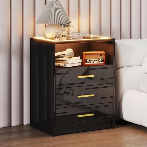JDPAG LED Bedside Table with Charging Station, High Gloss Nightstand with 3 Drawers, 3 Color Dimmable Light Modern Smart Night Stand with USB Type-C Port Bedroom Black