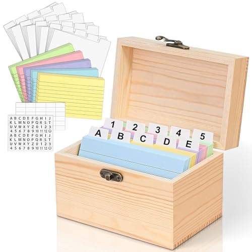 MOBYKE Index Card Holder 3x5, 100 Pcs Heavy-Duty Index Card Business Card Organizer Wooden Recipe Box with Dividers Flash Card Holder with 30 White Dividers, 1 Blank Sticker and 1 Letter Sticker