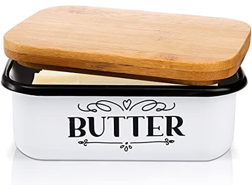 Yesland Butter Dish With Wooden Lid - Unbreakable Enamel Container - Large Vintage Farmhouse Style Keeper for 2 East or 1 West Coast Sticks (White and Brown)