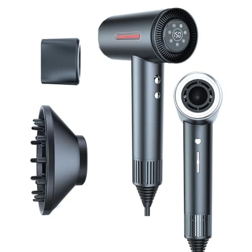 LESCOLTON Blow Dryer with Diffuser, Ionic Hair Dryer 110,000 RPM Brushless Motor 1400W Powerful High Speed, LED Display, 3 Speeds for Fast Drying, Low Noise, Lightweight Home Travel (Iron Gray)