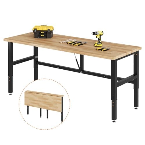 SPECRAFT 60" Folding Workbench, Adjustable Foldable Workbench with 2000 LBS Capacity, 30.7"-40" Height, Rubber Wood Top for Garage, Workshop, Office