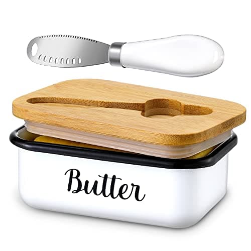 LANDNEOO Butter Dish with Lid and Butter Curler Knife - Unbreakable Stainless Steel Keeper Container with Double Silicone Sealing, for Kitchen Farmhouse Decor
