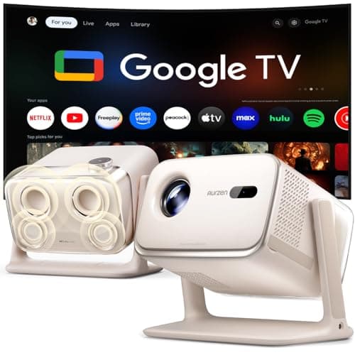 Aurzen BOOM mini Google TV Movie Projector with WiFi and Bluetooth, Voice Control, Family Mode, 20W Dolby Audio, Real-Time Focus, 4K Supported Smart Portable Home Theater Projector Outdoor, Off-white