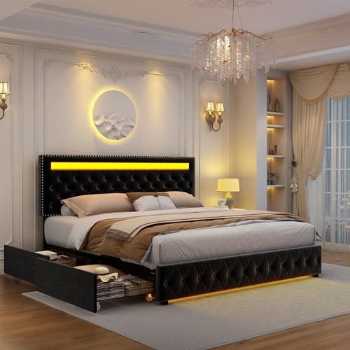 GEGOFORU Full Led Bed Frame with 4 Storage Drawers, with Smart Control RGBW LED Lights Headboard Footboard, Control DIY Color, Box Spring Optional, Black-Velvet
