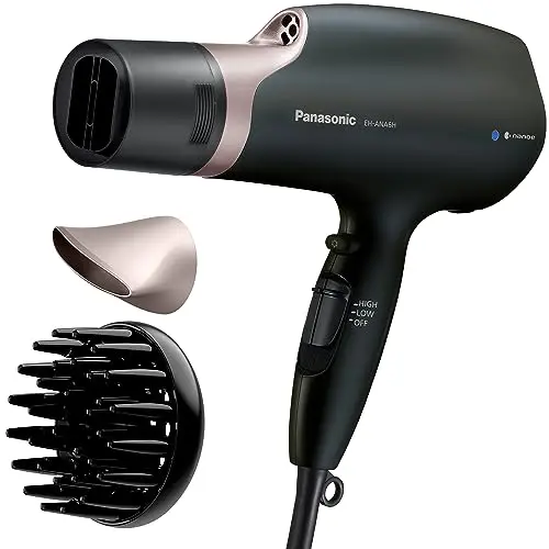 Panasonic Nanoe Salon Hair Dryer, Oscillating QuickDry Nozzle, Blow Dryer with Diffuser, Concentrator Attachments, 3 Speed Heat Settings for Styling and Healthy Hair - EH-ANA6HN (Black/ Pink Gold)