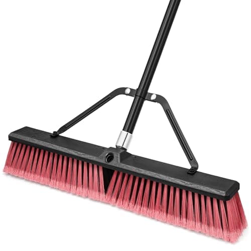 TidyBliss 24” Push Broom Outdoor Heavy Duty, Large Commercial Stiff Bristle Brush with 63 inches Long Handle for Garage Shop Garden Yard Patio Deck Street Warehouse Lawn Driveway (Red)