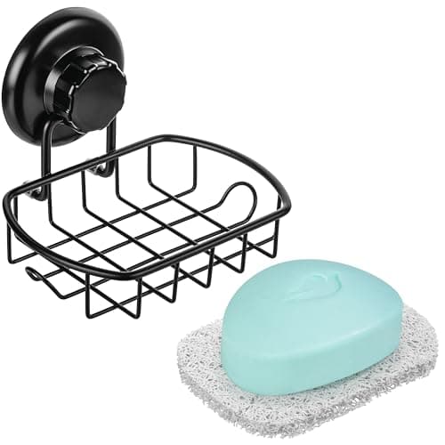 HASKO accessories Suction Soap Dish with Hooks - Super Powerful Vacuum Suction Cup Shower Soap Holder - Rustproof Stainless Steel SS304 Soap Basket - Sponge Holder for Bathroom & Kitchen (Black)