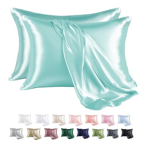 MR&HM Satin Pillowcase for Hair and Skin, Silk Satin Pillowcase 2 Pack, Standard Size Pillow Cases Set of 2, Silky Pillow Cover with Envelope Closure (20x26, Turquoise)