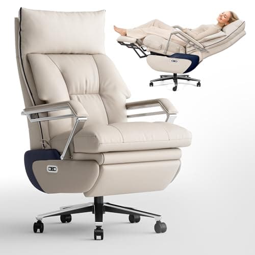 OKUP M80A Dual Motor Electric Executive Office Chair with Footrest, Comfortable Reclining Office Chair Wide Seat, Big and Tall Ergonomic Leather Home Office Desk Chair (Beige,No Massage)