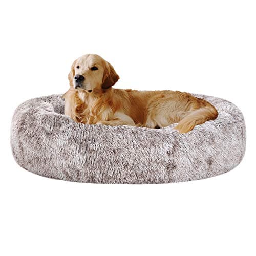 Coohom Oval Calming Donut Cuddler Dog Bed,Shag Faux Fur Cat Bed Washable Round Pillow Pet Bed(30"/36"/43") for Medium Dogs (XL(36"x27"x7"),Light Brown)