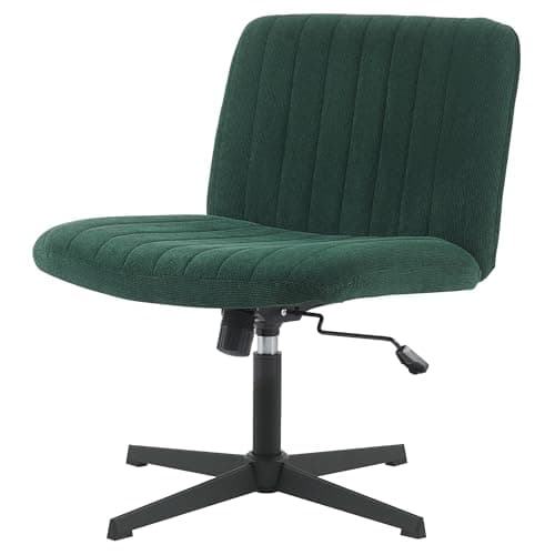 HoeuThien Armless Desk Chair No Wheels Wide Velvet Upholstered Office Chair Swivel Criss Cross Legs Large Seat Adjustable Height Accent Chair for Adults Dark Green