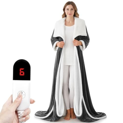 DAILYLIFE Wearable Heated Blanket with Foot Pocket, 52"x72" Electric Blanket with Sleeves for 6 Heat Settings, 4 Hours Timer, Flannel & Sherpa, Black