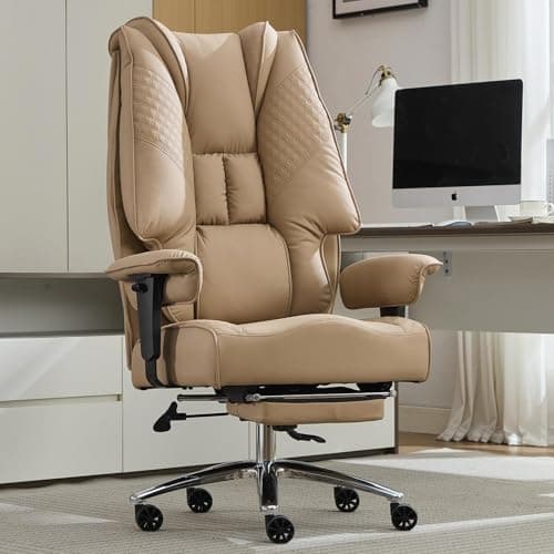EXCEBET Big and Tall Office Chair 400lbs Wide Seat, Leather High Back Executive Office Chair with Foot Rest, Ergonomic Chairs Lumbar Support for Lower Back Pain Relief, All-Day Comfort (Brown)