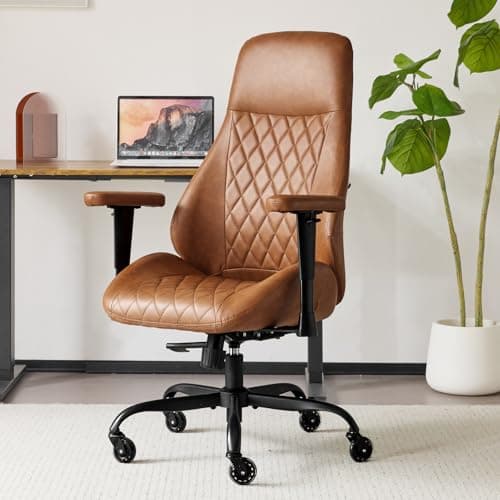 YFO Home Office Desk Chair High Back Office Rubber Casters Ergonomic Computer Chair with Lumbar Support Adjustable Height Rolling Swivel Chair Executive Task Armrests, Brown Leather
