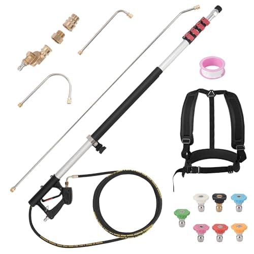 Rengue Telescoping Pressure Washer Extension Wand, 24ft Reach 5-stage Power Washer Extension Wand, up to 4000 PSI, with 3 Wands, 7 Nozzles, Pivoting Coupler, and Support Belt for Professional Cleaning