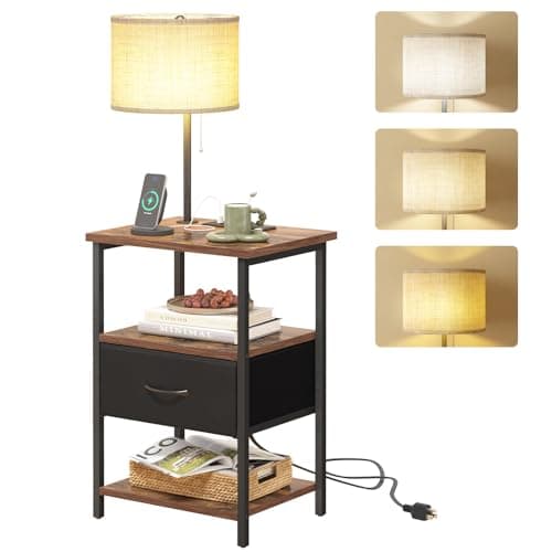Fixwal Nightstand with Lights Bedside Table with 3 Color Temperatures Bulb, Night Stand with Charging Station End Table with Adjustable Fabric Drawer for Bedroom Dorm