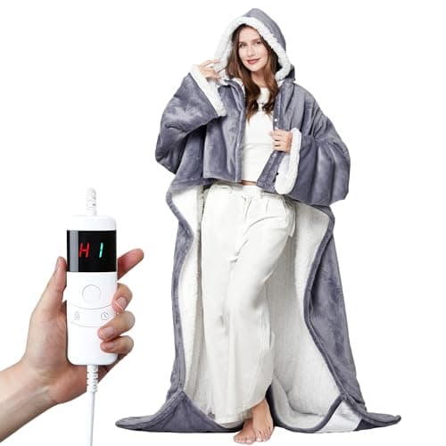 UNIKOME Wearable Heated Blanket with Foot Pocket, Electric Throw Blanket with Sleeves, Detachable Hood, 10 Heating Levels & 1-8 Hours Time Settings, 50 x 70 Inch, Grey