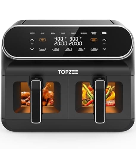 TOPZEE 8 Quart Large Air Fryer - Dual Basket Airfryer with Easy View Windows, Preheat, Air Fry, Roast, Broil, Bake, Dehydrate, 2 Independent 4 QT Nonstick Dishwasher Safe Baskets, Black