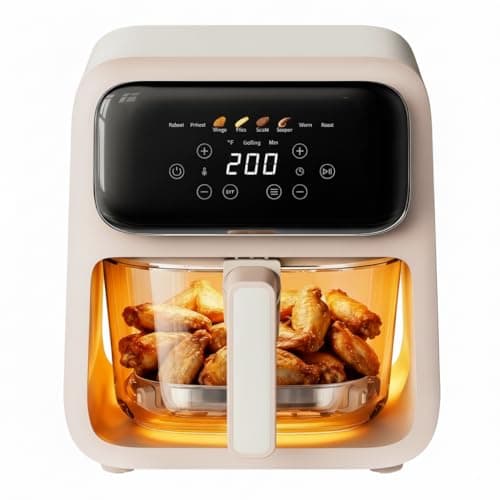 8-1 Glass Air Fryer | Non-Toxic | 400°F | 4QT TempWare Glass Bowl | Freezer & Dishwasher Safe | Wings,Steak,Fries & More | Air Fry Bake Roast Recrisp | Light Pinkish Beige