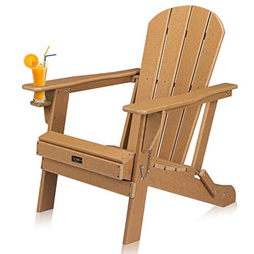 VINGLI Plastic Folding Adirondack Chair with Cup Holder, 100% Recyclable Waterproof HDPE Material, Comfortable 380lb Weight Capacity for Outdoor Pool Patio Lounge Chair Lawn Furniture Firepit (Teak)