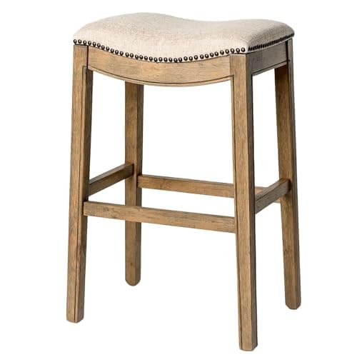 Maven Lane Adrien Backless Bar Stool – 31 Inch Saddle Seat with Footrest – Natural Solid Wood Frame & Natural Fabric Upholstery – Ideal for Bars, Pub Tables & Tall Kitchen Counters