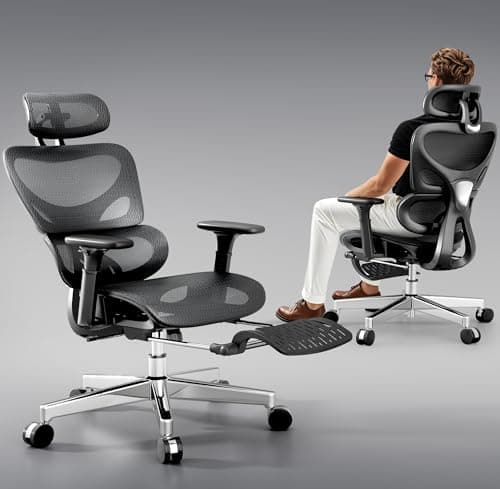 Huuger Mesh Office Chair with Footrest, Ergonomic Desk Chair with Lumbar Support, Comfortable, Multi-tilt Angle Backrest, Headrest and 3D Armrest, Large Steel Base, Black