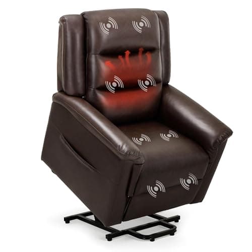 COLAMY Massage Recliner Chair, Faux Leather Lift Recliner with Massage and Lumbar Heat, Nursery Recliner Ergonomic High Backrest, Upholstered Deep Seat for Living Room, Bedroom, Dark Brown