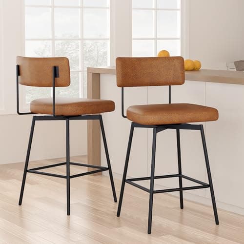 Hcore Bar Stools Set of 2, Swivel Counter Height Bar Stools with Back and Metal Frame, 27.5" H Seat Height, Upholstered Faux Leather Counter Stools for Kitchen Island, Dining Room, Pub, Brwon